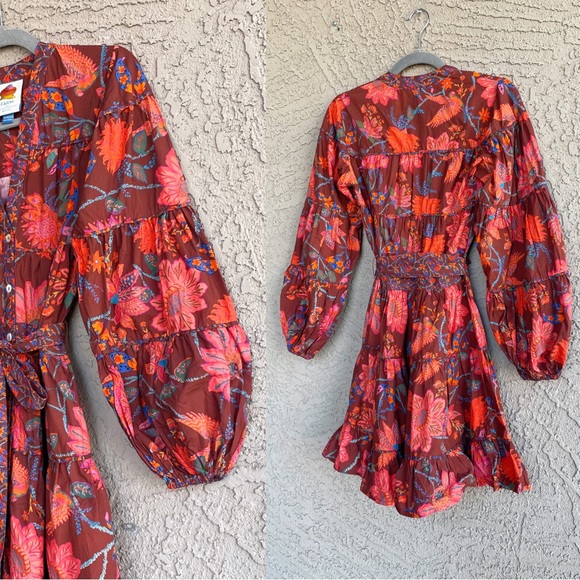 FARM RIO PETITE ANTHRO Floral Bird Printed Belted Puff Sleeve Tiered Mini Dress - Picture 11 of 17